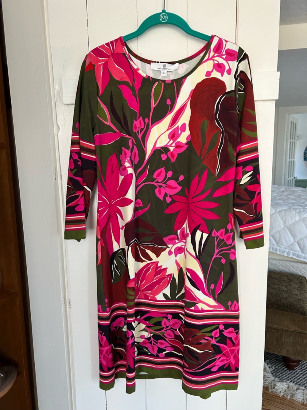 Jean-Pierre Klifa Olive and Hot Pink Floral Long Sleeve Shift Dress